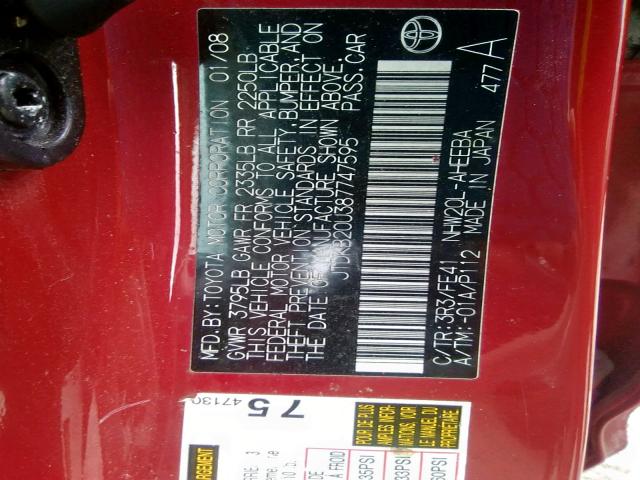 Photo 10 from auction – 2008 TOYOTA PRIUS with VIN JTDKB20U387747595