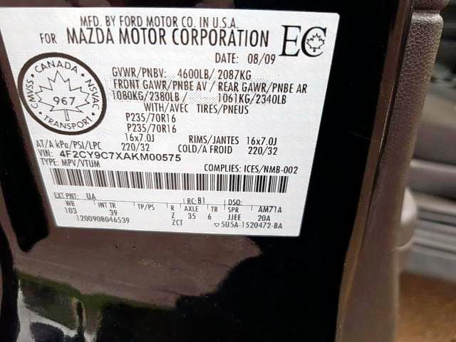 Photo 9 from auction – 2010 MAZDA TRIBUTE I with VIN 4F2CY9C7XAKM00575