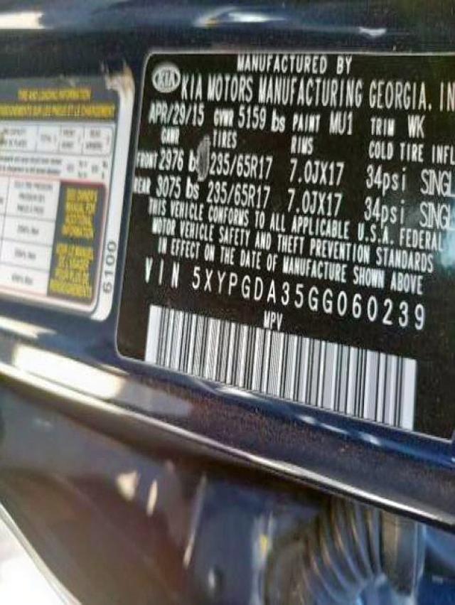 Photo 10 from auction – 2016 KIA SORENTO LX with VIN 5XYPGDA35GG060239