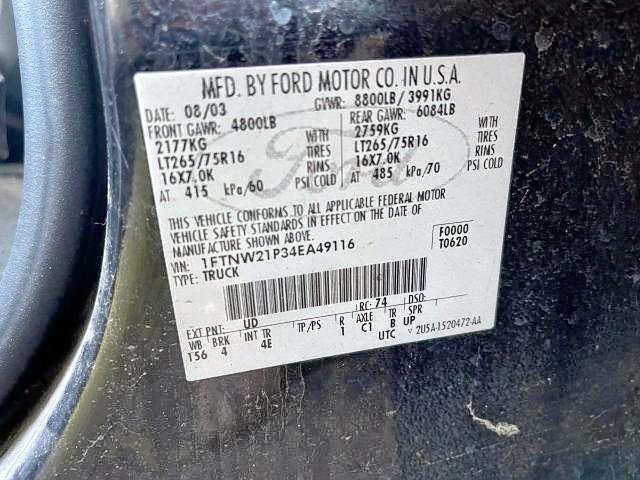 Photo 10 from auction – 2004 FORD F250 SUPER with VIN 1FTNW21P34EA49116