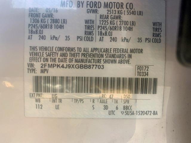 Photo 10 from auction – 2016 FORD EDGE SEL with VIN 2FMPK4J9XGBB87703