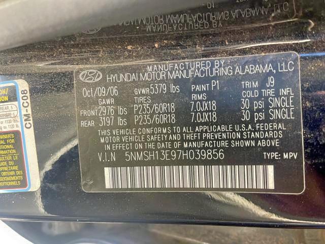 Photo 10 from auction – 2007 HYUNDAI SANTA FE S with VIN 5NMSH13E97H039856