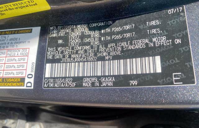 Photo 10 from auction – 2017 TOYOTA 4RUNNER SR with VIN JTEBU5JRXH5478802