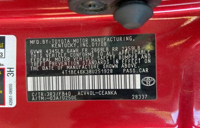 Photo 10 from auction – 2008 TOYOTA CAMRY CE with VIN 4T1BE46K38U251928