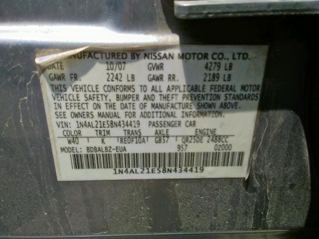 Photo 10 from auction – 2008 NISSAN ALTIMA 2.5 with VIN 1N4AL21E58N434419