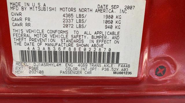 Photo 10 from auction – 2008 MITSUBISHI GALANT ES with VIN 4A3AB36F88E022870