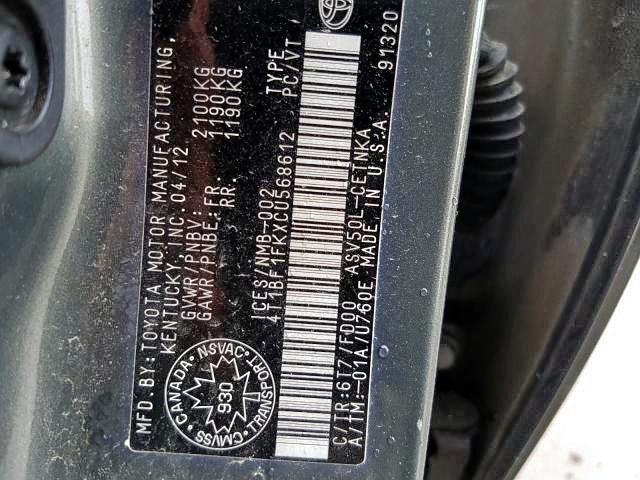 Photo 9 from auction – 2012 TOYOTA CAMRY BASE with VIN 4T1BF1FKXCU568612