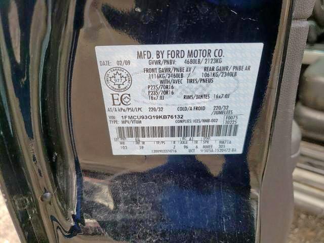 Photo 9 from auction – 2009 FORD ESCAPE XLT with VIN 1FMCU93G19KB76132