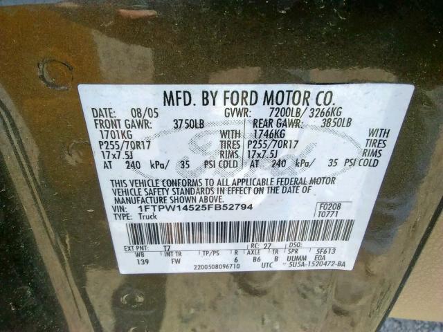 Photo 10 from auction – 2005 FORD F150 SUPER with VIN 1FTPW14525FB52794