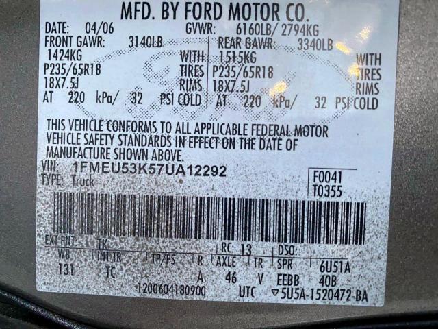 Photo 10 from auction – 2007 FORD EXPLORER S with VIN 1FMEU53K57UA12292