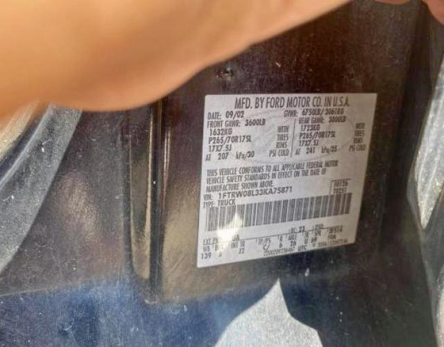 Photo 10 from auction – 2003 FORD F150 SUPER with VIN 1FTRW08L33KA75871