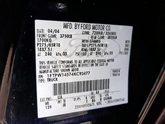 Photo 10 from auction – 2004 FORD F150 SUPER with VIN 1FTPW14574KC93477