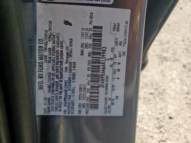 Photo 10 from auction – 2010 FORD FUSION SEL with VIN 3FAHP0JA6AR139983