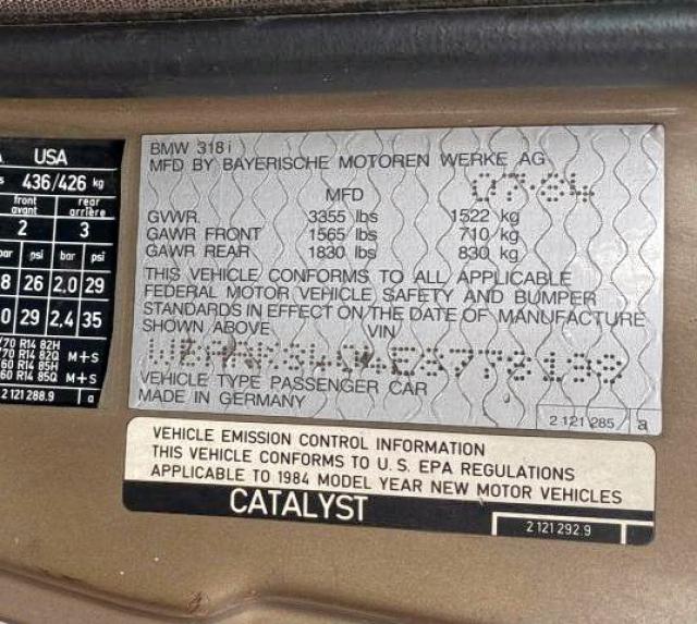 Photo 10 from auction – 1984 BMW 318 I AUTO with VIN WBAAK8404E8778198