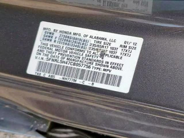 Photo 10 from auction – 2012 HONDA ODYSSEY EX with VIN 5FNRL5H47CB057756