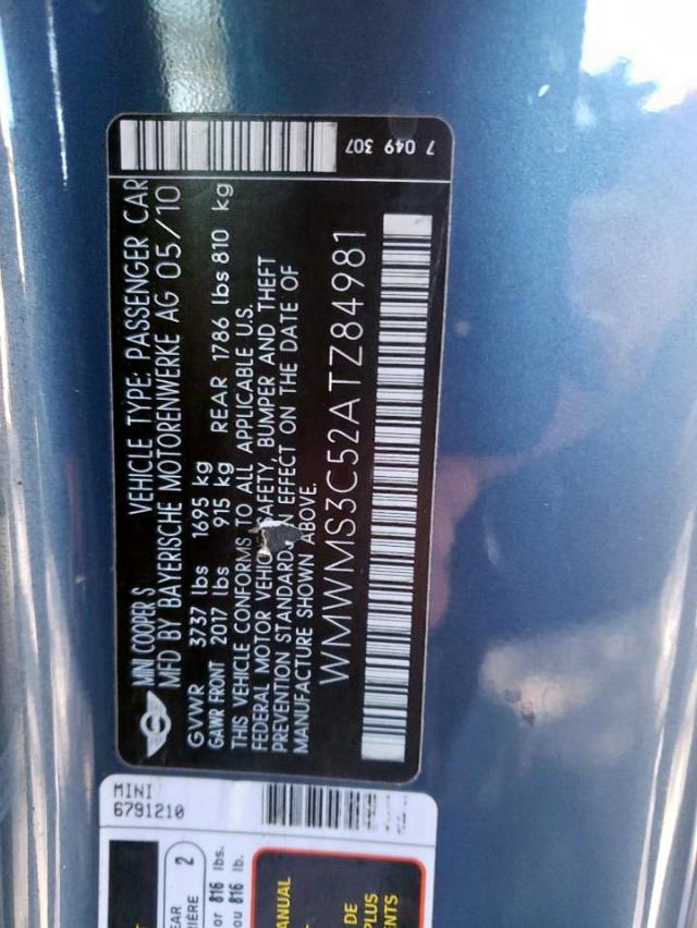 Photo 10 from auction – 2010 MINI COOPER with VIN WMWMS3C52ATZ84981