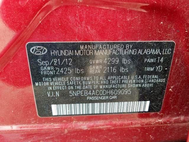 Photo 10 from auction – 2013 HYUNDAI SONATA GLS with VIN 5NPEB4AC0DH609095