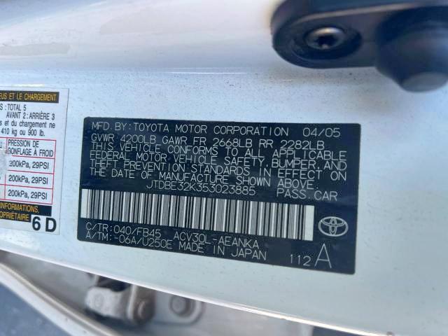 Photo 10 from auction – 2005 TOYOTA CAMRY LE with VIN JTDBE32K353023885
