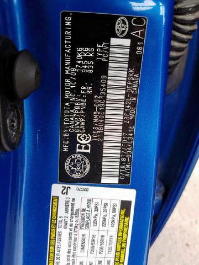 Photo 9 from auction – 2009 TOYOTA COROLLA BA with VIN 2T1BU40E19C135409