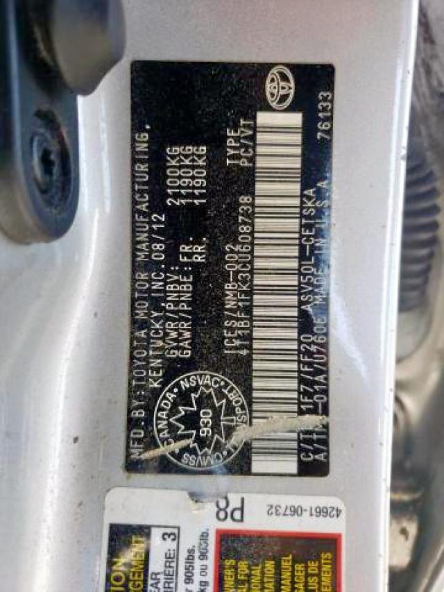 Photo 9 from auction – 2012 TOYOTA CAMRY BASE with VIN 4T1BF1FK3CU608738