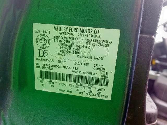 Photo 9 from auction – 2012 FORD ESCAPE XLT with VIN 1FMCU9DG3CKA68732