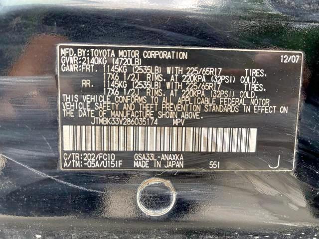 Photo 10 from auction – 2008 TOYOTA RAV4 with VIN JTMBK33V286035174
