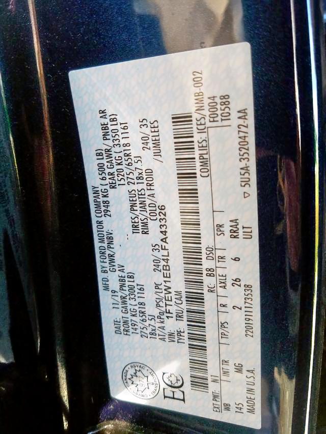 Photo 9 from auction – 2020 FORD F150 SUPER with VIN 1FTEW1EB4LFA43326
