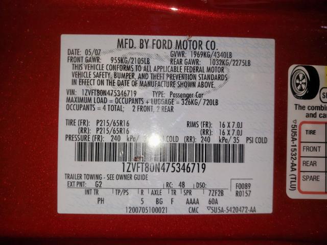 Photo 10 from auction – 2007 FORD MUSTANG with VIN 1ZVFT80N475346719