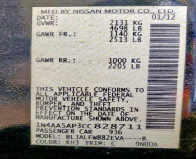 Photo 10 from auction – 2012 NISSAN MAXIMA S with VIN 1N4AA5AP3CC828711