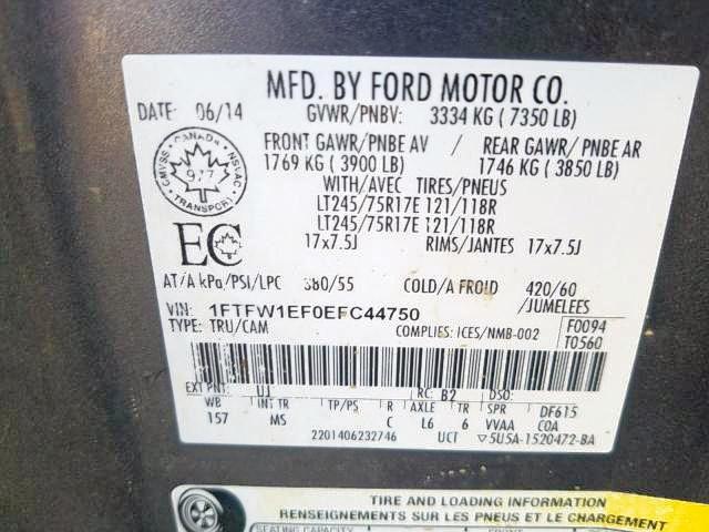 Photo 9 from auction – 2014 FORD F150 SUPER with VIN 1FTFW1EF0EFC44750