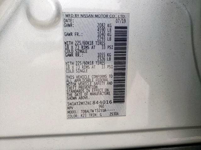Photo 10 from auction – 2019 NISSAN ROGUE S with VIN 5N1AT2MT2KC844016