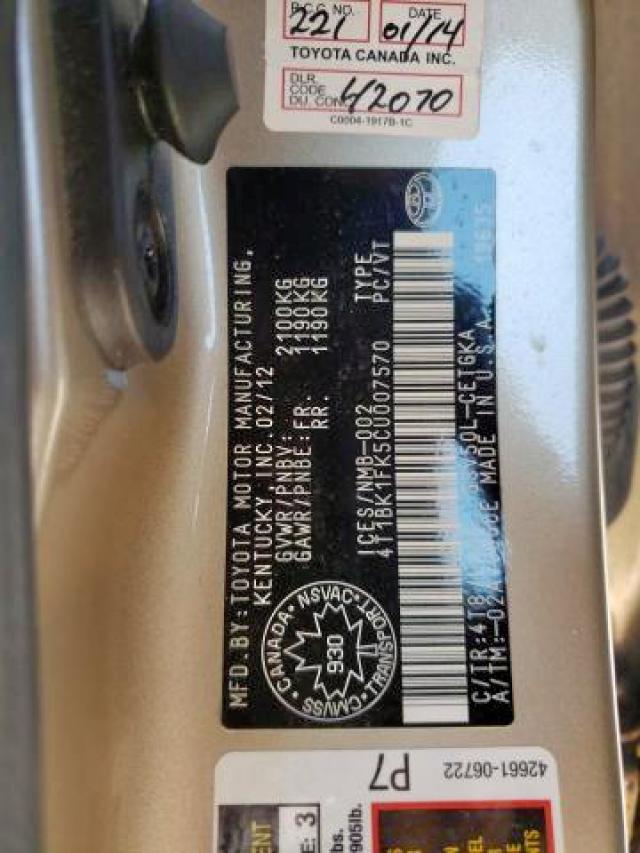 Photo 9 from auction – 2012 TOYOTA CAMRY SE with VIN 4T1BK1FK5CU007570
