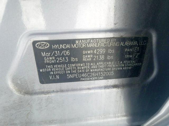 Photo 10 from auction – 2006 HYUNDAI SONATA GLS with VIN 5NPEU46C26H152005