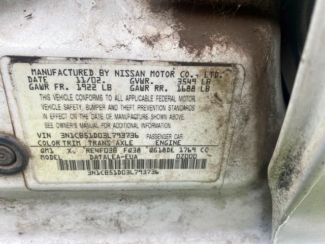 Photo 10 from auction – 2003 NISSAN SENTRA with VIN 3N1CB51D03L793736