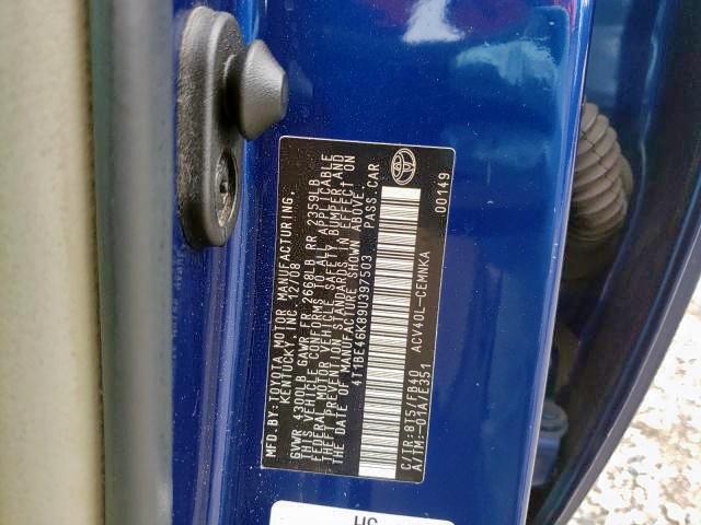 Photo 10 from auction – 2009 TOYOTA CAMRY BASE with VIN 4T1BE46K89U397503