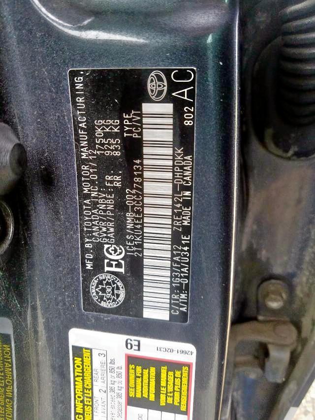 صورة رقم 9 من المزاد - 2012 TOYOTA COROLLA MA مع VIN 2T1KU4EE3CC778134