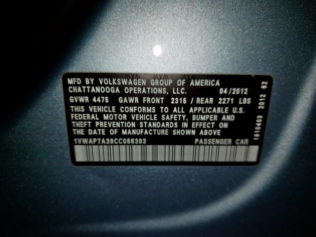 Photo 10 from auction – 2012 VOLKSWAGEN PASSAT S with VIN 1VWAP7A39CC086393