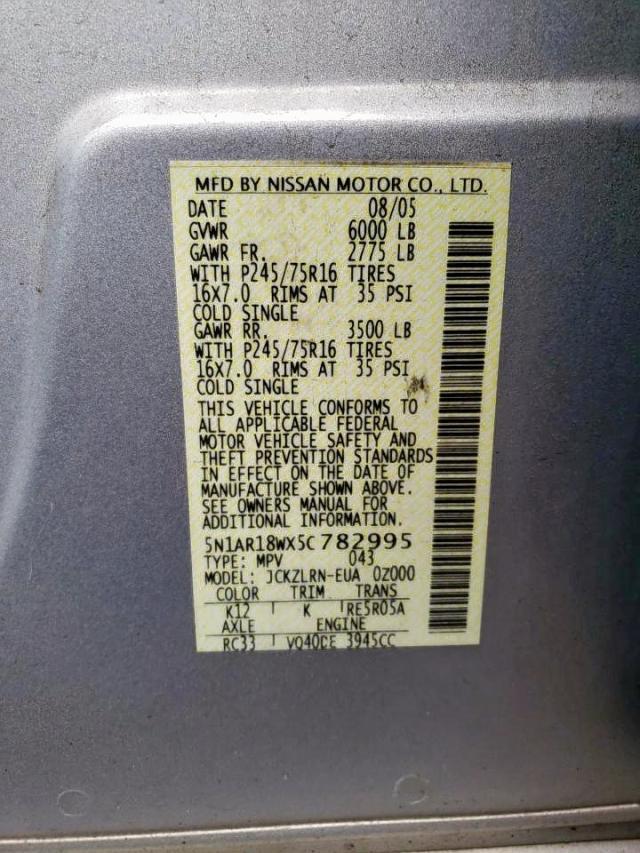 Photo 10 from auction – 2005 NISSAN PATHFINDER with VIN 5N1AR18WX5C782995