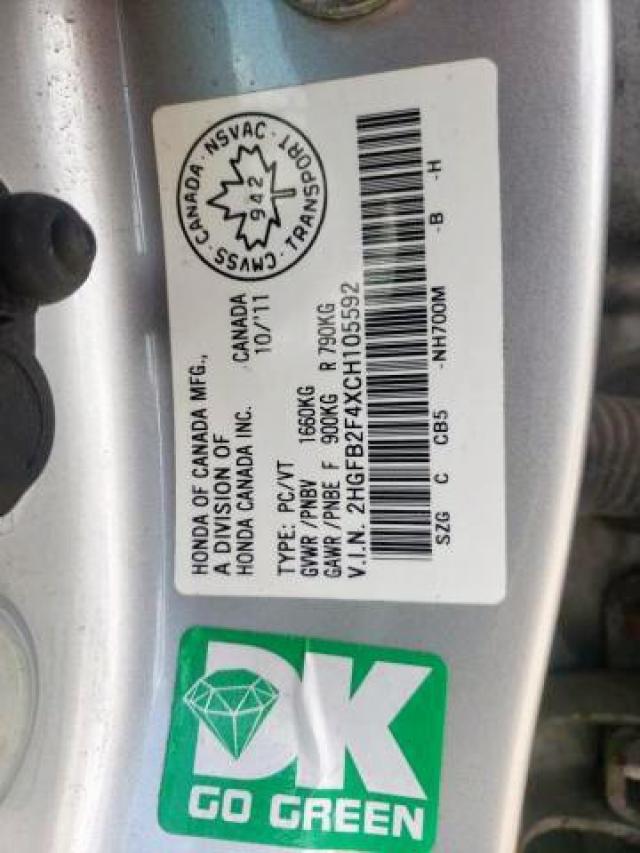 Photo 9 from auction – 2012 HONDA CIVIC LX with VIN 2HGFB2F4XCH105592
