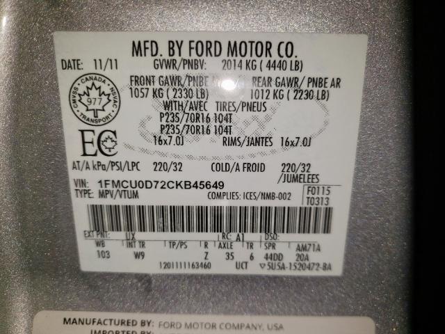 Photo 10 from auction – 2012 FORD ESCAPE XLT with VIN 1FMCU0D72CKB45649