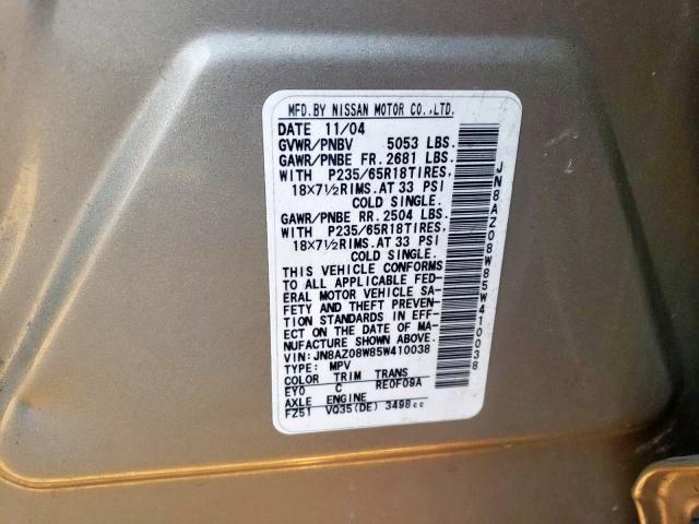 Photo 10 from auction – 2005 NISSAN MURANO SL with VIN JN8AZ08W85W410038