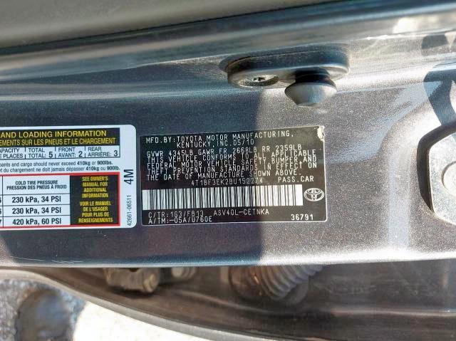 Photo 10 from auction – 2011 TOYOTA CAMRY BASE with VIN 4T1BF3EK2BU152274