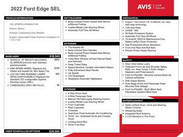 Photo 10 from auction – 2022 FORD EDGE SEL with VIN 2FMPK4J99NBA07446
