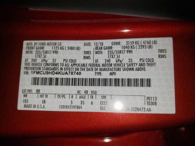 Photo 10 from auction – 2019 FORD ESCAPE SEL with VIN 1FMCU9HD4KUA78740