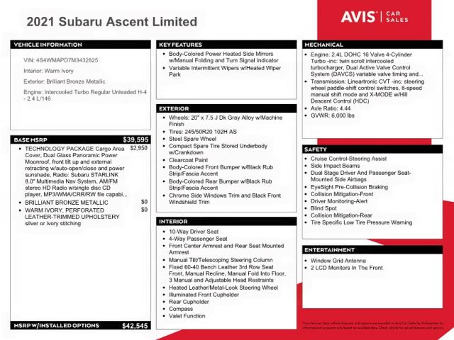 Photo 10 from auction – 2021 SUBARU ASCENT LIM with VIN 4S4WMAPD7M3432825