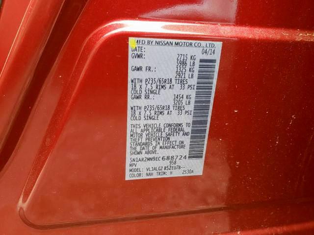 Photo 10 from auction – 2014 NISSAN PATHFINDER with VIN 5N1AR2MN9EC688724