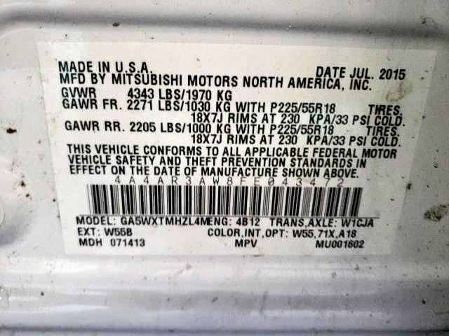 Photo 10 from auction – 2015 MITSUBISHI OUTLANDER with VIN 4A4AR3AW8FE043472