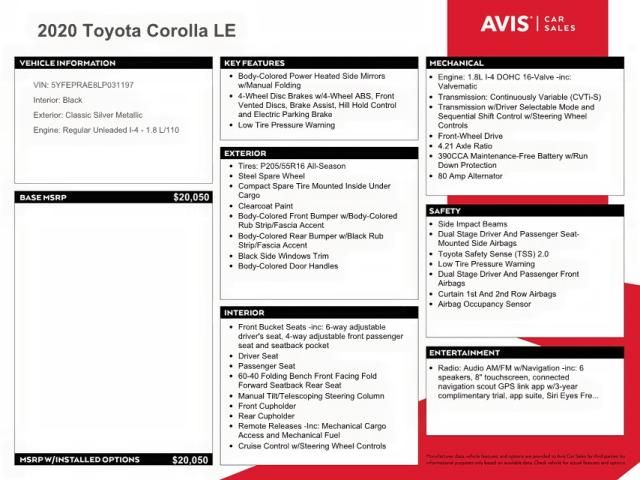 Photo 10 from auction – 2020 TOYOTA COROLLA LE with VIN 5YFEPRAE8LP031197