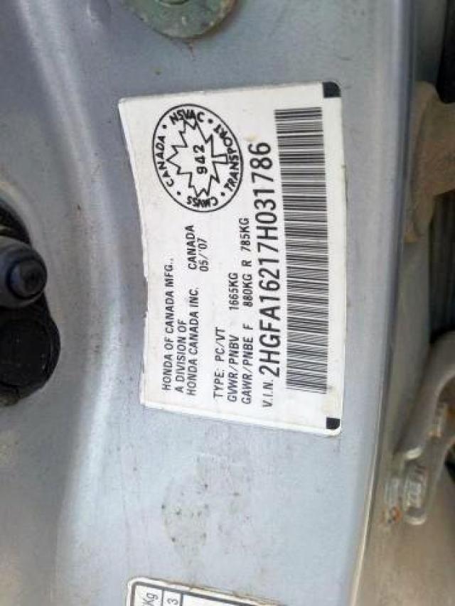 Photo 9 from auction – 2007 HONDA CIVIC DX with VIN 2HGFA16217H031786