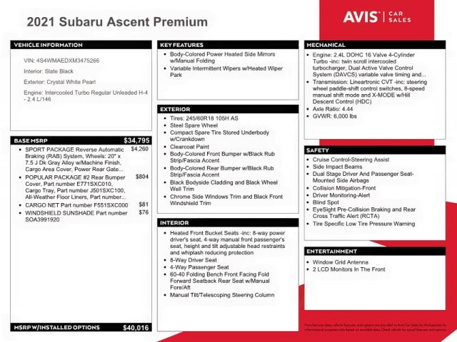 Photo 10 from auction – 2021 SUBARU ASCENT PRE with VIN 4S4WMAEDXM3475266